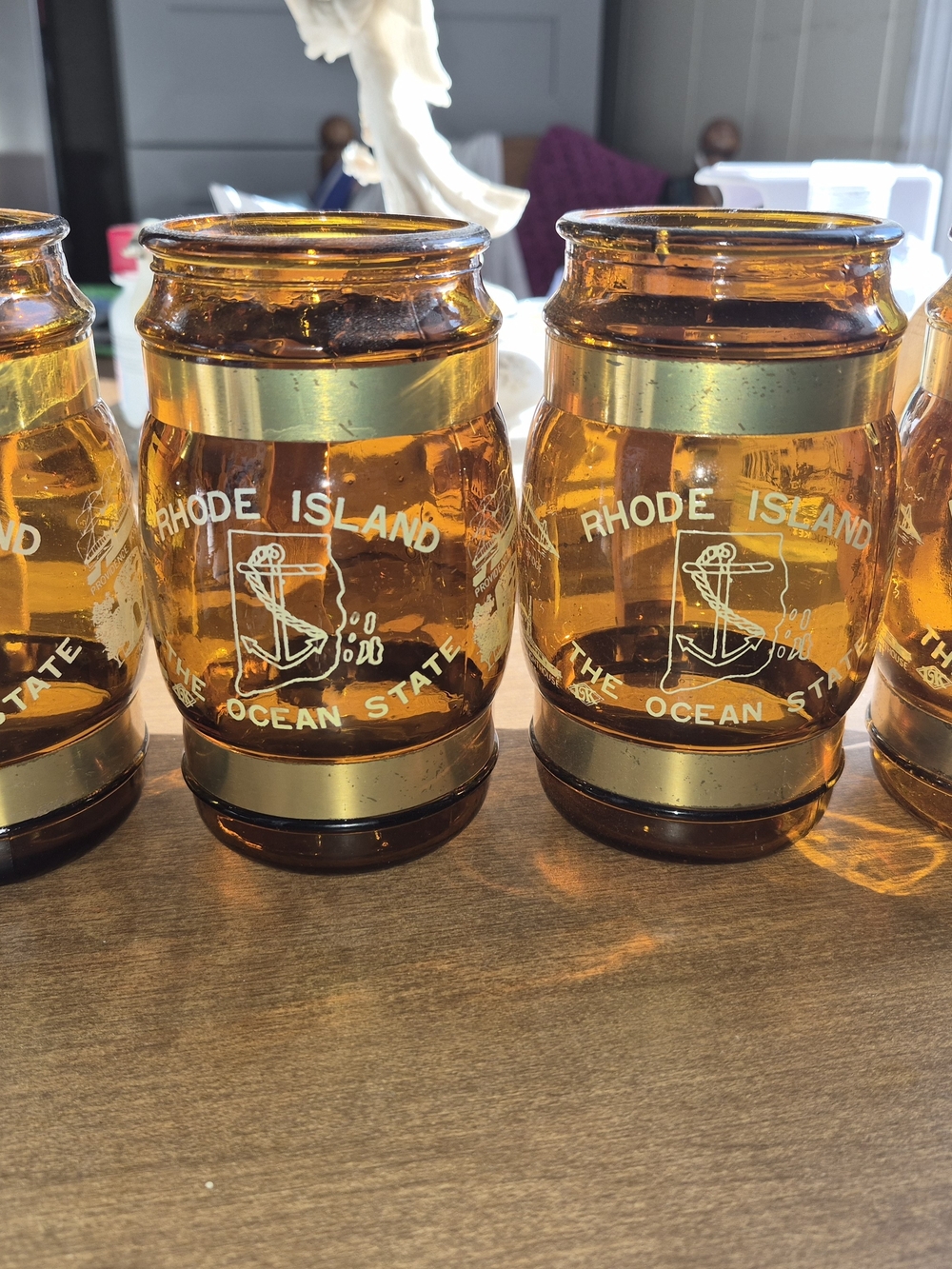 Amber Glass Barrel Accent Glasses with Gold Bands Rhode Island The Ocean State